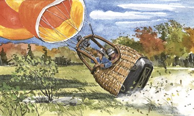 Une montgolfière se fait surprendre par une bourasque de vent, et la nacelle, trop lourde traine par terre dans la poussière.
